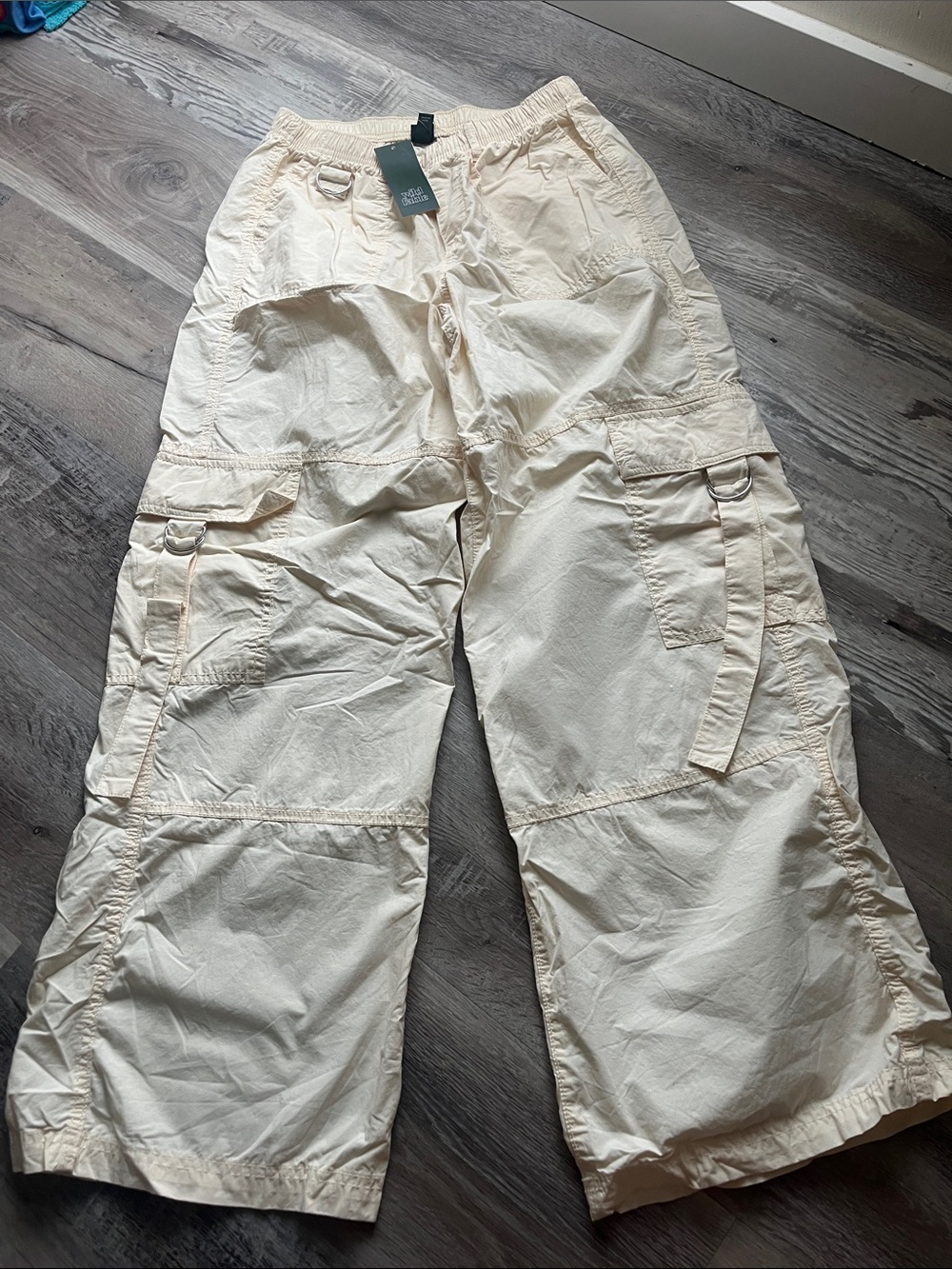 wild fable Cream Wide-Leg Cargo Trousers with Utility Rings